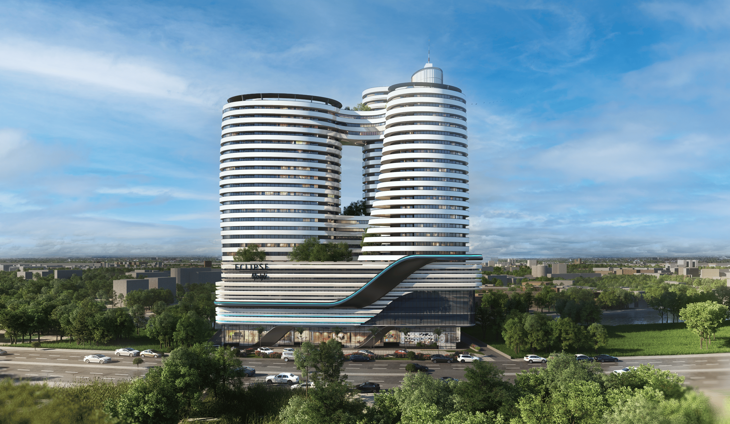 Eclipse Resort Living and Mall — twin towers joined by an occupied sky-bridge